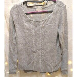 Maison Jules Women XS Silver Cable Knit Sweater Pullover Metallic Flecks Holiday